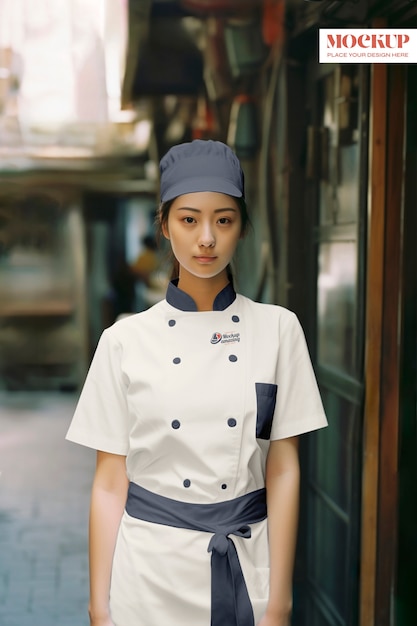 PSD medium shot woman wearing japanese chef uniform