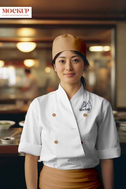 PSD medium shot woman wearing japanese chef uniform