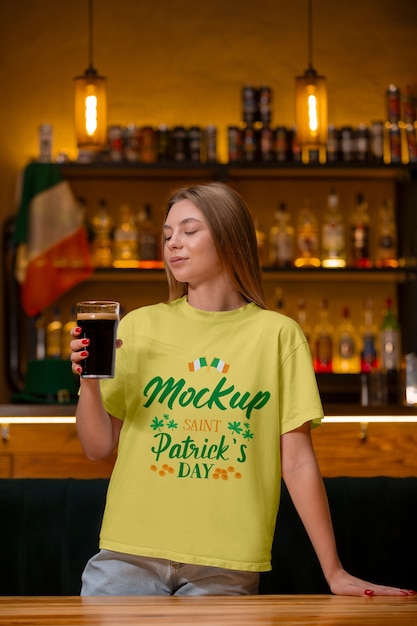 PSD medium shot woman wearing st patricks day tshirt