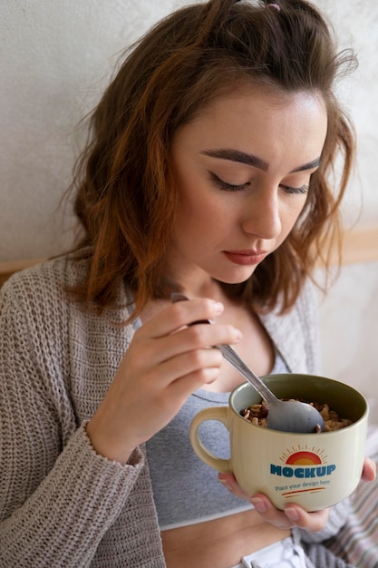 PSD medium shot woman with cereals