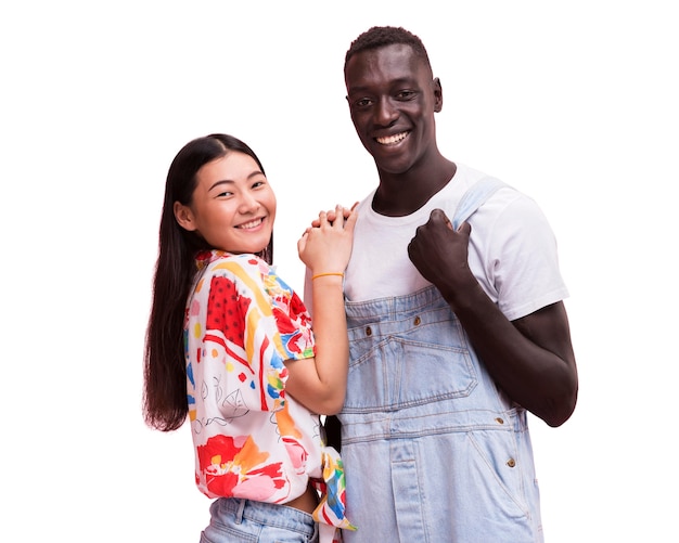 Medium shot young friends posing in studio