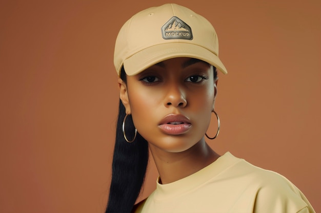 PSD medium shot young woman  wearing cap in studio