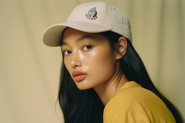 PSD medium shot young woman  wearing cap in studio