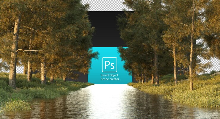 PSD medium tall trees and small plants and shrubs along the stream clipping path