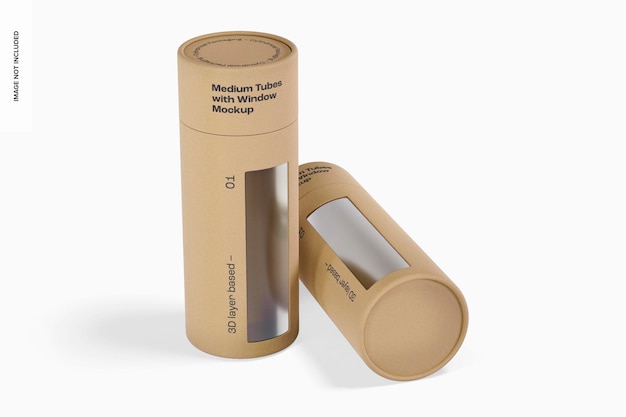 PSD medium tubes with window mockup, standing and dropped