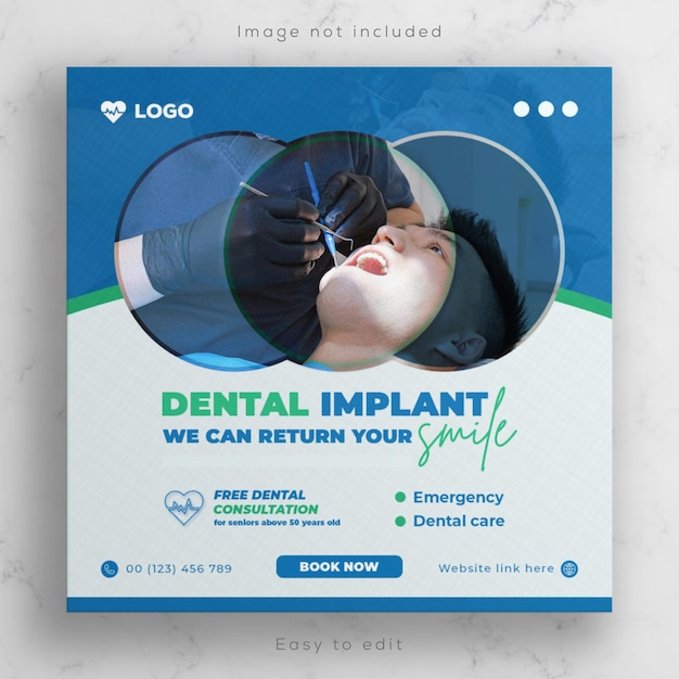 PSD medyczne implanty dentystyczne opieka zdrowotna w mediach społecznościowych projekt banerów i kwadratowych ulotek, plakatów lub historii na instagramie.