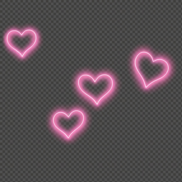 Meerdere gloeiende harten in neonroze voor een romantisch effect geïsoleerd op transparante achtergrond PNG