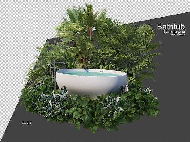 Meerdere planten rondom badkuip in de tuin