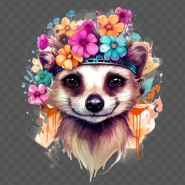 Meerkat head with flowers on his head in the styl waterclor style isolated psd transparent design