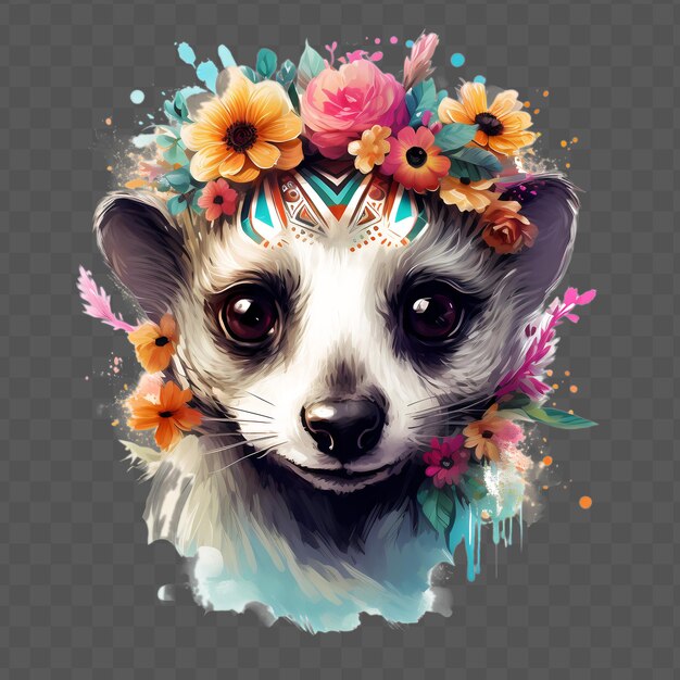 PSD meerkat head with flowers on his head in the styl waterclor style isolated psd transparent design