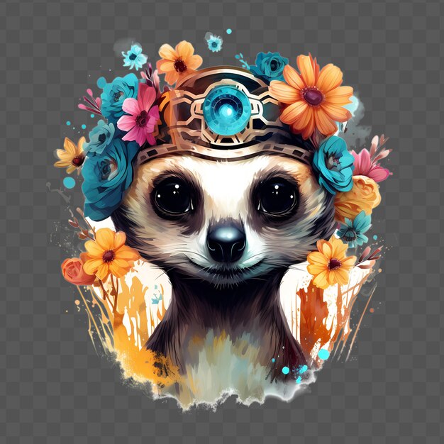 Meerkat head with flowers on his head in the styl waterclor style isolated psd transparent design