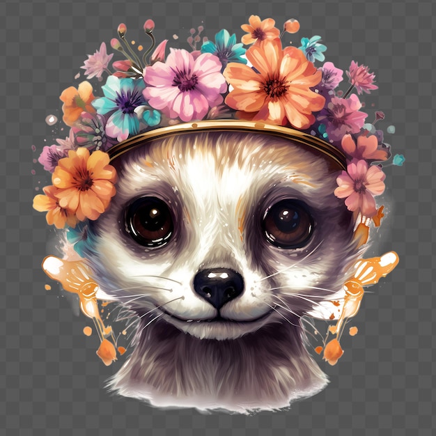 PSD meerkat head with flowers on his head in the styl waterclor style isolated psd transparent design
