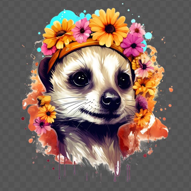 PSD meerkat head with flowers on his head in the styl waterclor style isolated psd transparent design