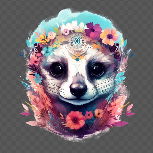 Meerkat head with flowers on his head in the styl waterclor style isolated psd transparent design
