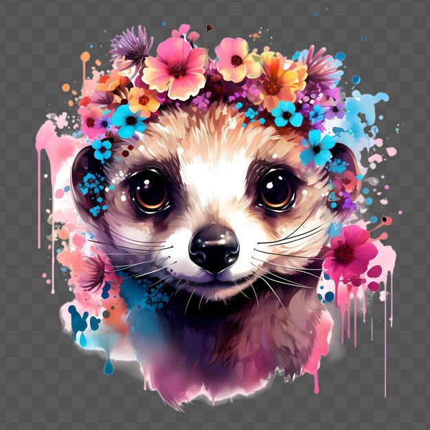 PSD meerkat head with flowers on his head in the styl waterclor style isolated psd transparent design