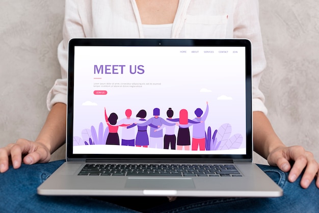 Meet us landing page with woman in background