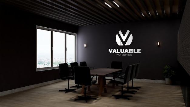 The meeting space wall logo mockup with brown wall
