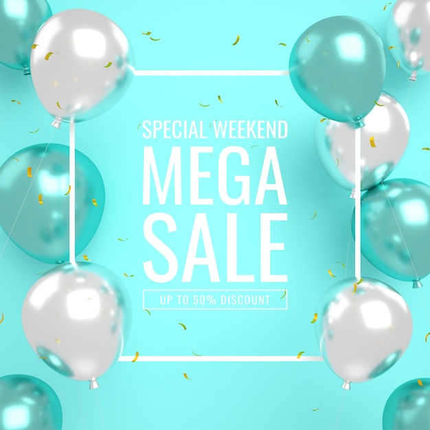 Mega flash or big sale banner for social media instagram and website post template with 3d balloons