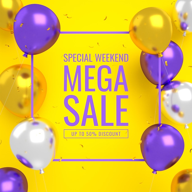 PSD mega flash or big sale banner for social media instagram and website post template with 3d balloons