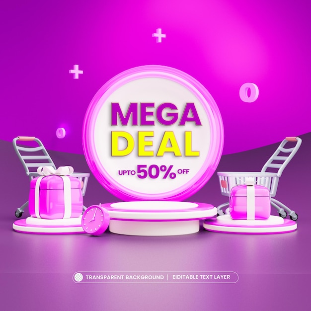 Mega oferta 50 zniżki na baner 3d na etapie produktu z edytowalnym tekstem