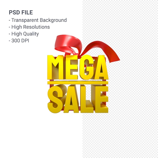 Mega sale 3d design rendering for sale promotion with bow and ribbon isolated