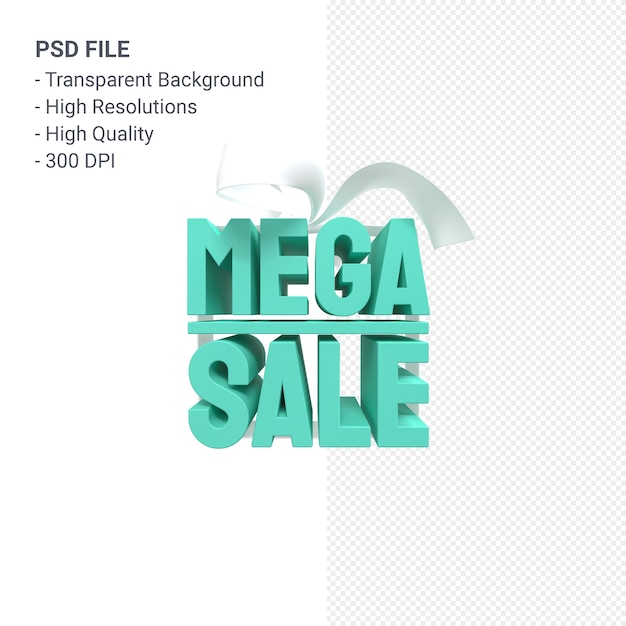 Mega sale 3d design rendering for sale promotion with bow and ribbon isolated