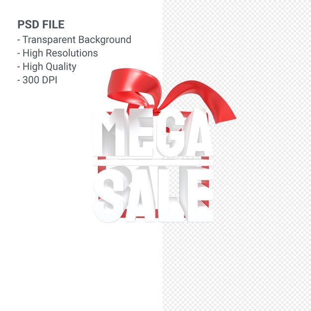 PSD mega sale 3d design rendering for sale promotion with bow and ribbon isolated