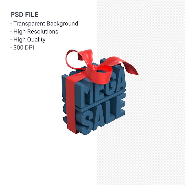 PSD mega sale 3d design rendering for sale promotion with bow and ribbon isolated
