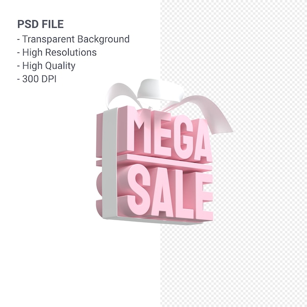 Mega sale 3d design rendering for sale promotion with bow and ribbon isolated