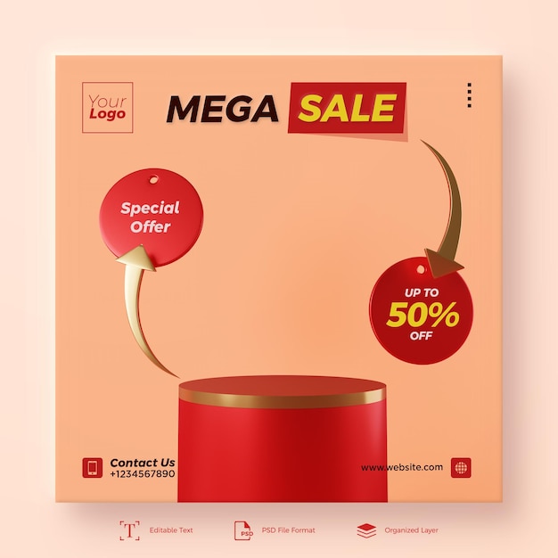 Mega sale 3d rendering with red podium illustration