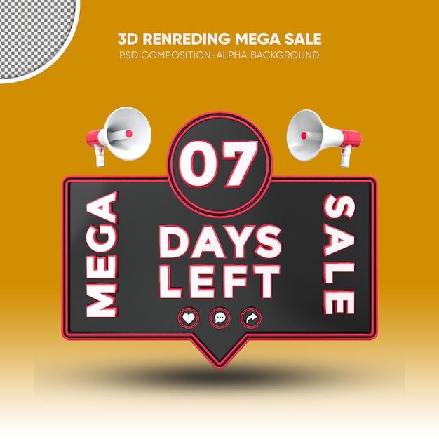 PSD Мега распродажа: черно-красный 3d-рендеринг за 07 дней до конца.