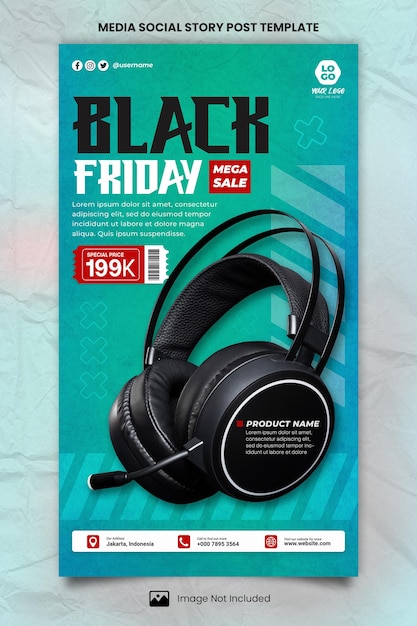 PSD modello di post per storie social sui media con cuffie per il black friday in mega vendita