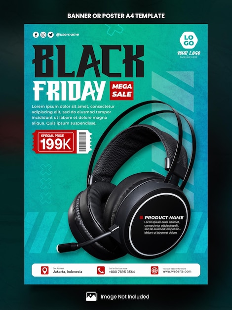 PSD mega sale black friday headset poster a4 or banner template