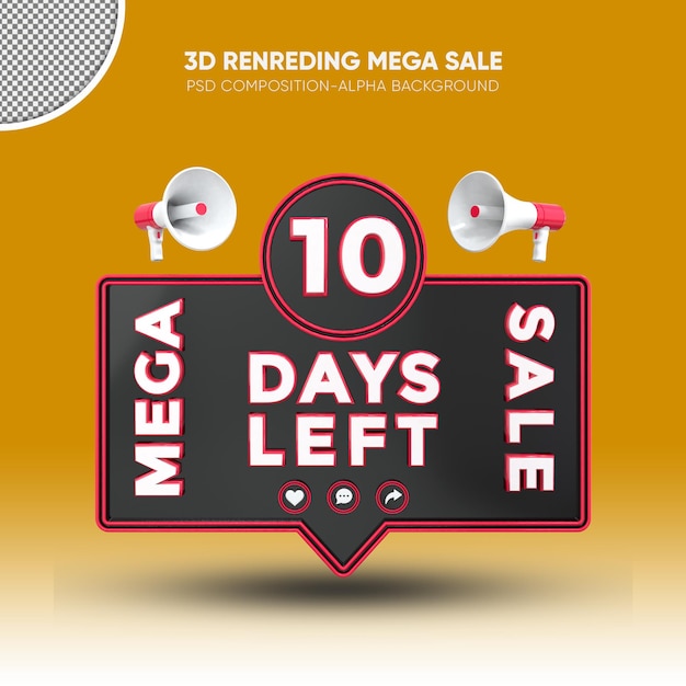 PSD mega sale black and red 3d rendering design on 10 days left
