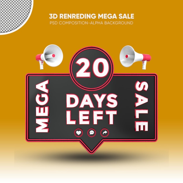 PSD mega sale black and red 3d rendering design on 20 days left