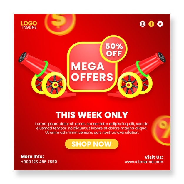 Mega sale offer social media instagram post banner template with 3d elements