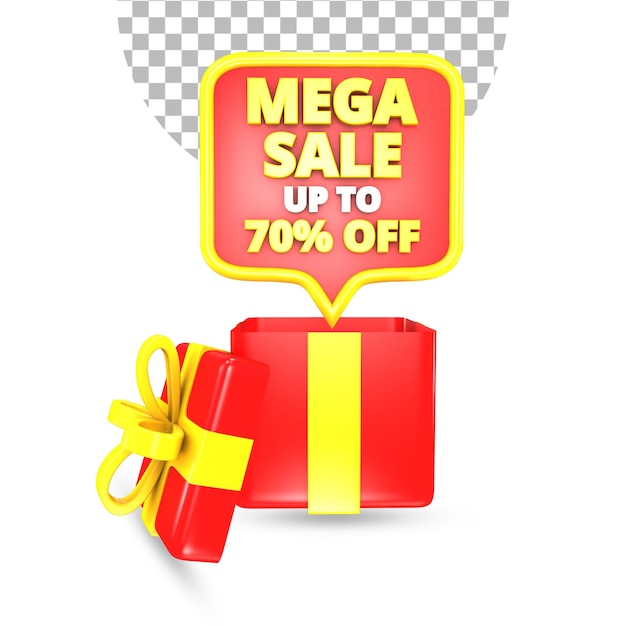 PSD mega sale offer with red and yellow surprise gift box 3d render isolated