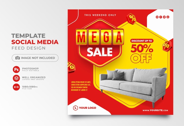 PSD mega sale post social media in 3d render discount 50 percent off