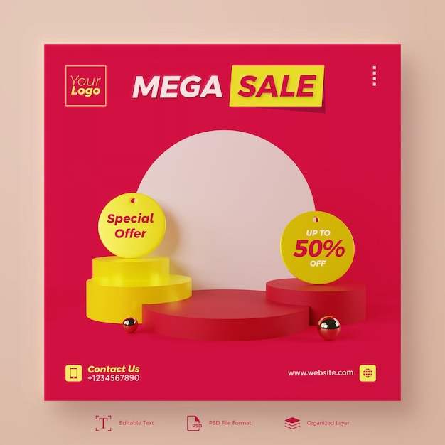 Mega sale on red background and yellow podium