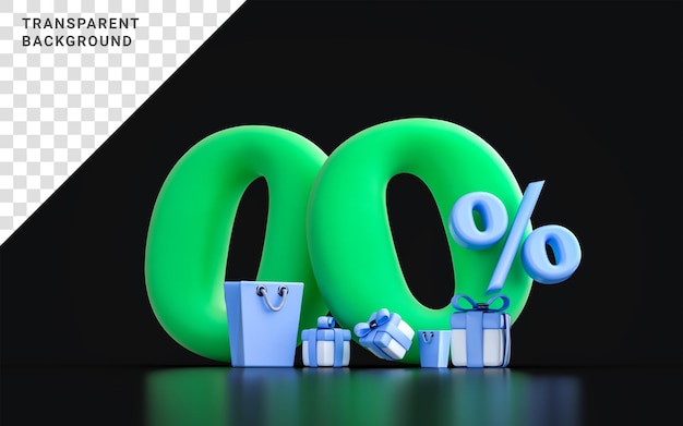 Mega offerta di vendita 00 per cento di interesse con borsa della spesa e confezione regalo su sfondo scuro rendering 3d