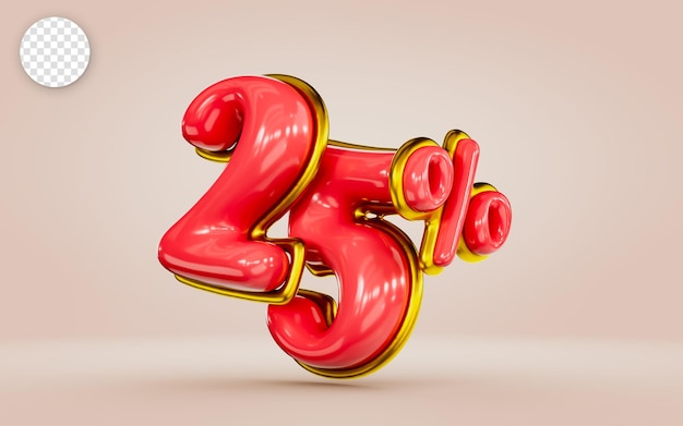 메가 쇼핑은 판매를 위한 황금 3d 렌더 개념이 포함된 25% 할인 빨간색 번호를 제공합니다.