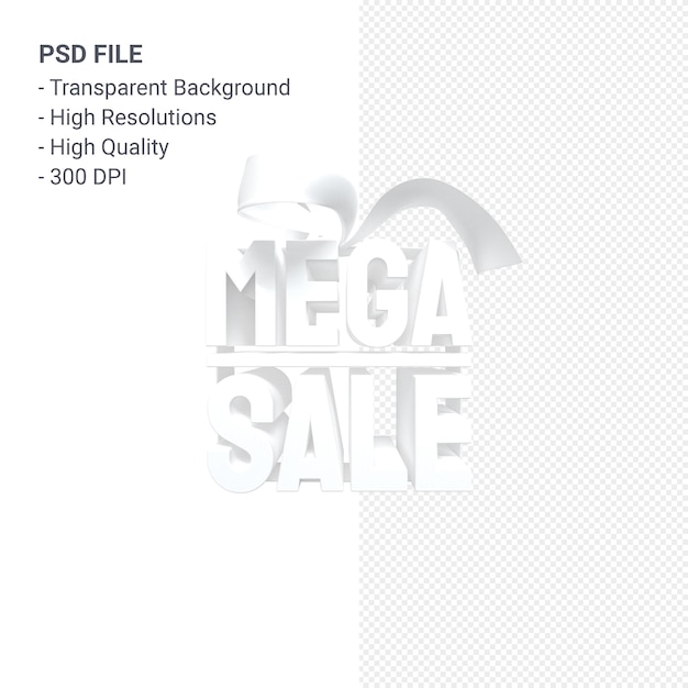 Mega sprzedaż renderowania projektu 3d do promocji sprzedaży z kokardą i wstążką na białym tle