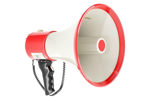 PSD megaphone or bullhorn with siren and handheld mic 3d rendering isolated on transparent background