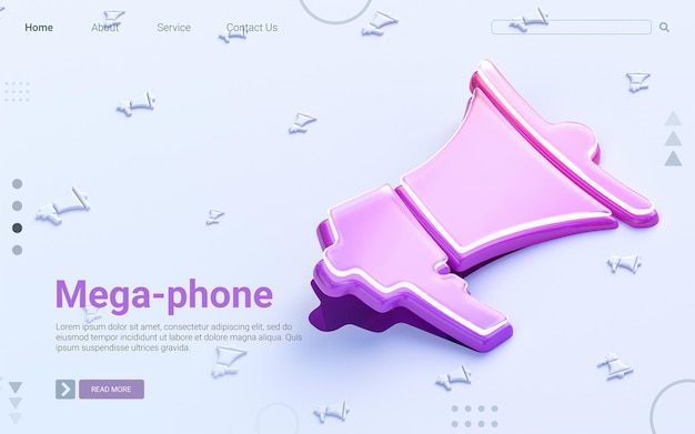 Megaphone sign folding on white background 3d render concept for social banner web template cover