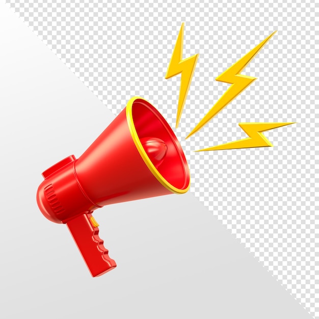 PSD megaphone with lightning in 3d render realistic red and yellow