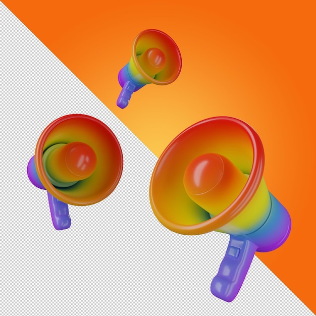 Megaphones in the colors of the LGBT community Three LGBT horn Loudspeaker icon Isolated multicolored Rainbow Loudspeaker 3d illustration 3D render