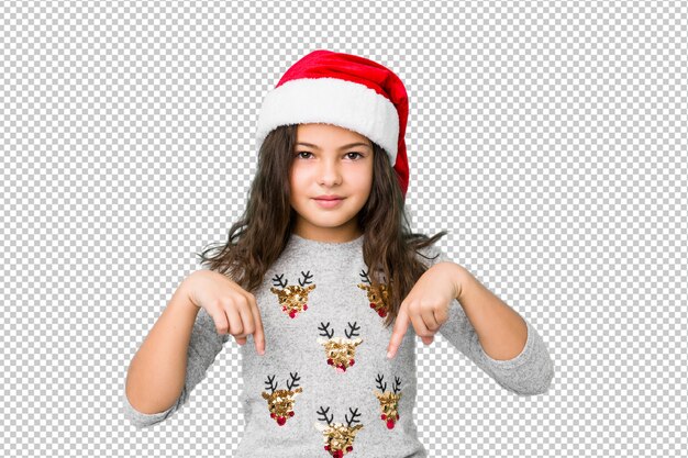 PSD meisje het vieren kerstmisdag wijst neer met vingers, positief gevoel.