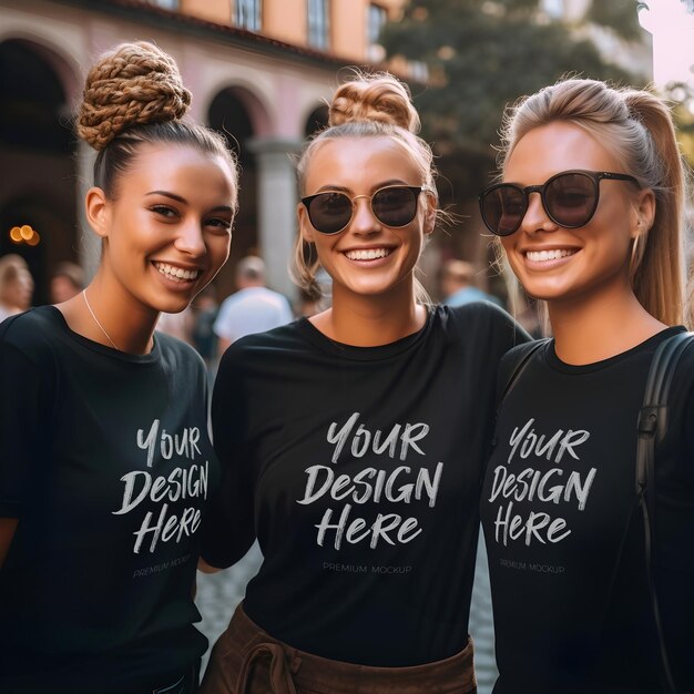 PSD meisjesgroep matching black t shirt psd mockup perfect voor een evenement of feest