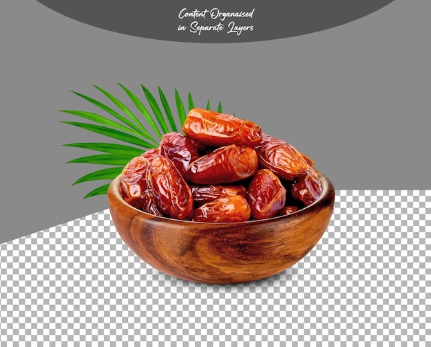 Mejdool Dates Plum Fruit Khejur in een houten schaal geïsoleerd op een doorzichtige achtergrond