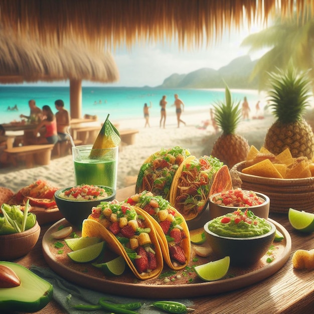 PSD meksykańska enchilada z guacamole w barze bach w plakatie wakacyjnym o zachodzie słońca